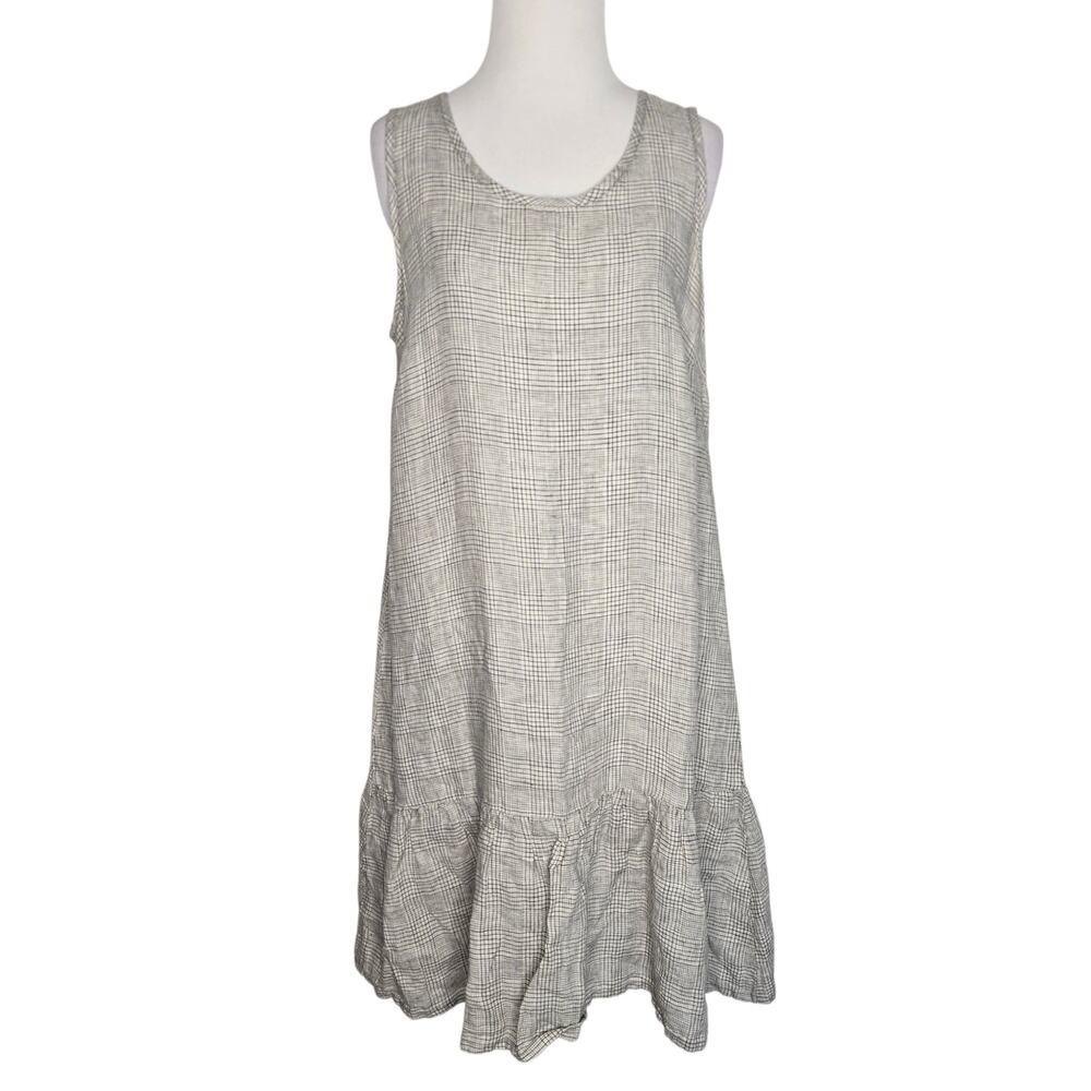 Flax Women Linen Drop Waist Dress Minimalist Quiet Luxury Ruffle Hem Check Small
